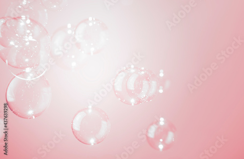 Beautiful Transparent Soap Bubbles Float on Pink Background.
