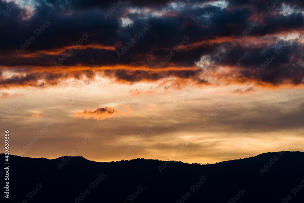 silhouette Of Mountain In Twilight, Countryside Of Thailand.