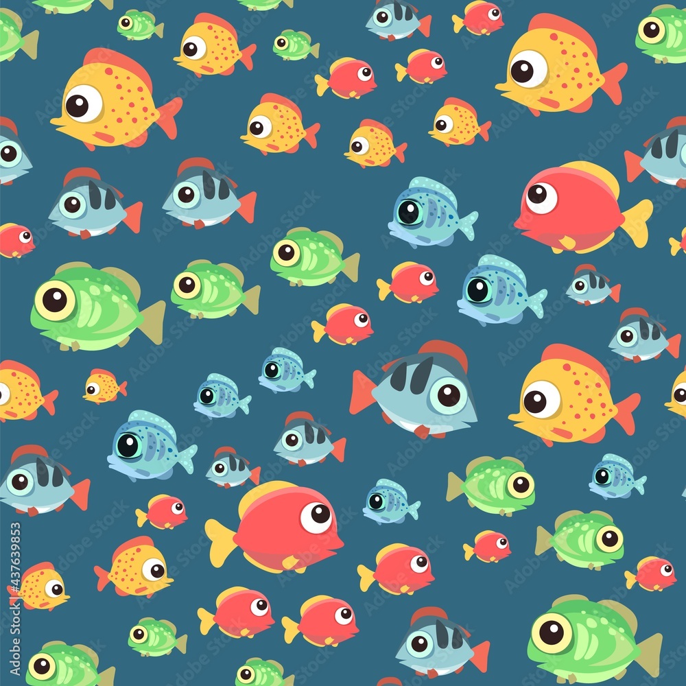 Funny funny fish. The bottom of the reservoir. Sea ocean. Underwater landscape with plants, algae and corals. Seamless. Illustration in cartoon style. Flat design. Vector art Funny funny fish. The bottom of the reservoir. Sea ocean. Underwater landscape with plants, algae and corals. Seamless. Illustration in cartoon style. Flat design. Vector art