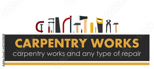 Carpentry works. Any type of repair. Logo of handyman services. Carpenter. Hand tools of universal workshop. Home repair service. Woodworking carpentry shop. Foreman of woodworks. Isolated.