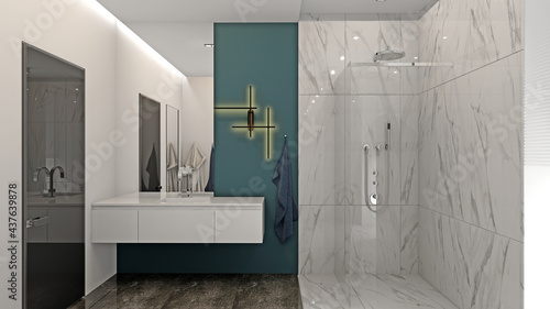 Modern interior of a bathroom 3D rendering