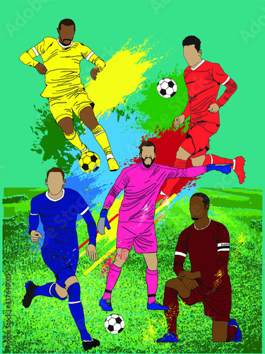 Vector illustration of football players in various poses. For illustration purposes.