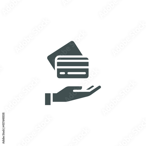 Hand hold credit card glyph icon, cash pay machine. swipe, id, financial digital cashless business online sale discount payment logo pictogram vector illustration design on white background. EPS 10
