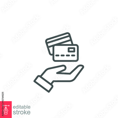 Hand hold credit card line icon, cash pay machine. discount swipe id, financial digital cashless business online sale payment logo editable stroke vector illustration design on white background EPS 10