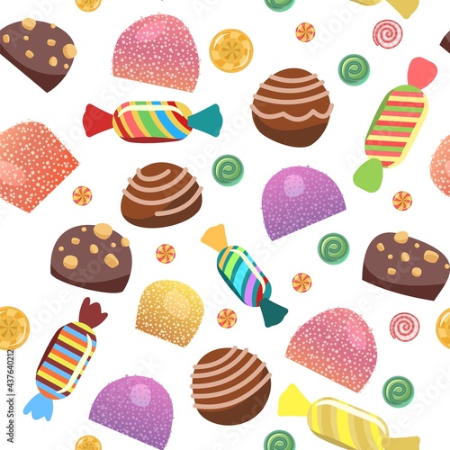 Sweets with hazelnuts. Nuts. Assorted chocolate dessert. Candy caramel wrapped. Seamless pattern. Flat background illustration. Isolated Vector