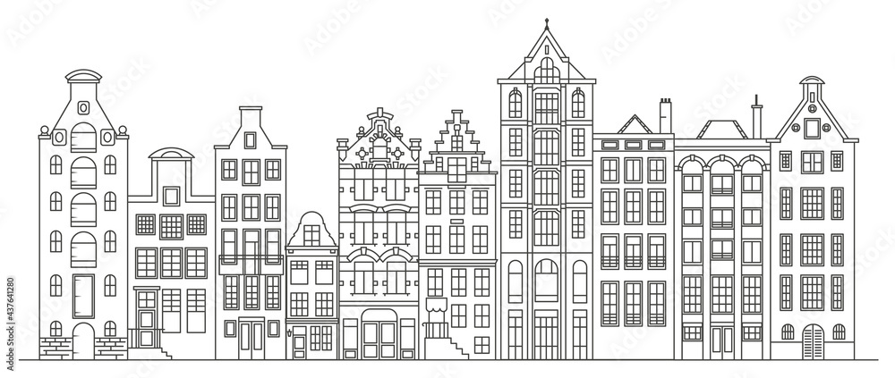 Amsterdam old style houses. Typical dutch canal houses lined up near a canal in the Netherlands. Building and facades for Banner or poster. Vector outline illustration.