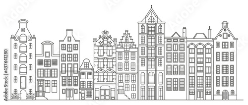 Amsterdam old style houses. Typical dutch canal houses lined up near a canal in the Netherlands. Building and facades for Banner or poster. Vector outline illustration.