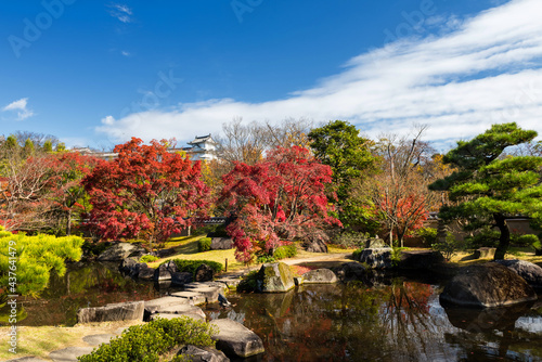 Koko-en autumn garden with Himeji castle, Japan