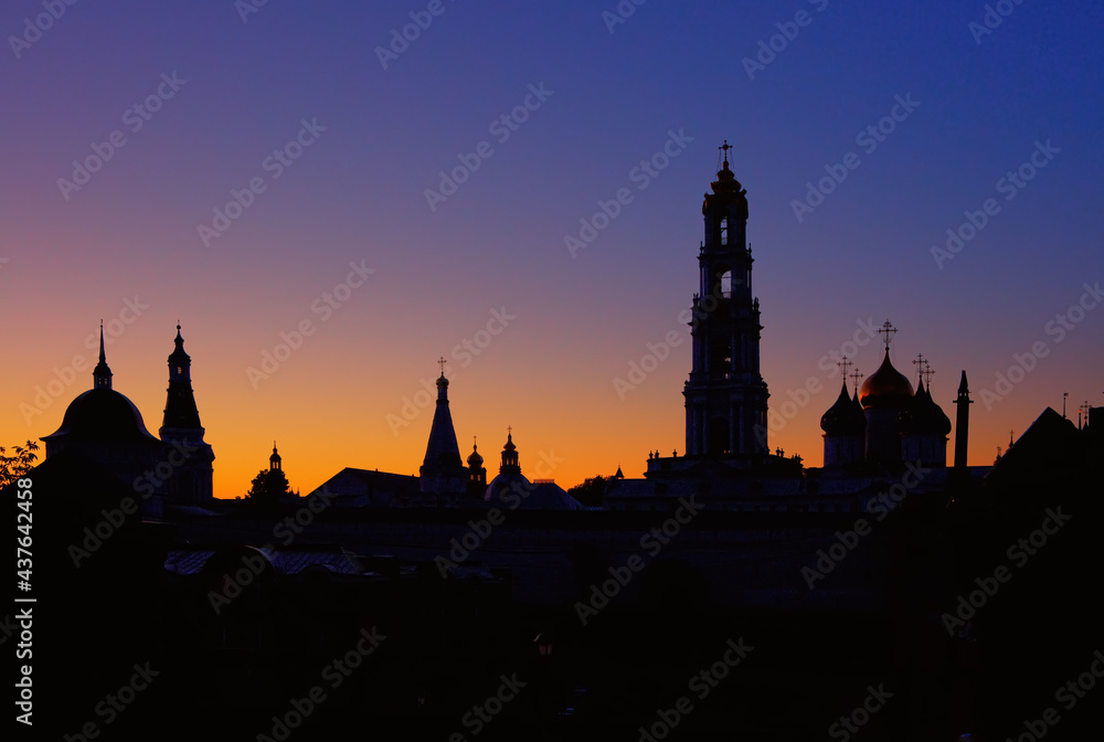 The Trinity-Sergius Lavra is the largest male monastery of the Russian Orthodox Church with a long history. Located in the center of the city. At night, Aerial View