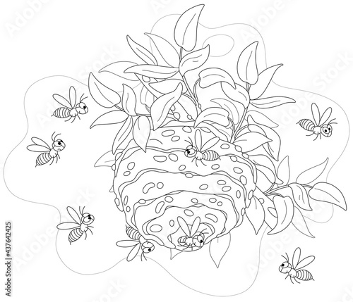 Angry swarm of striped wasps flying and buzzing around their hive on a branch in a summer forest, black and white outline vector cartoon illustration for a coloring book page