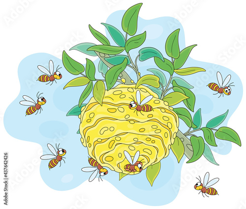 Angry swarm of striped wasps flying and buzzing around their hive on a branch in a summer forest, vector cartoon illustration isolated on a white background
