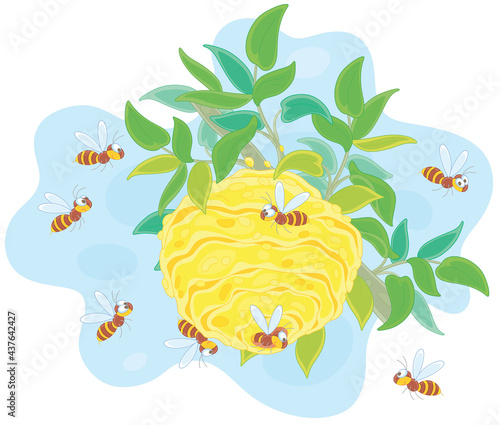 Angry swarm of striped wasps flying and buzzing around their hive on a branch in a summer forest, vector cartoon illustration isolated on a white background