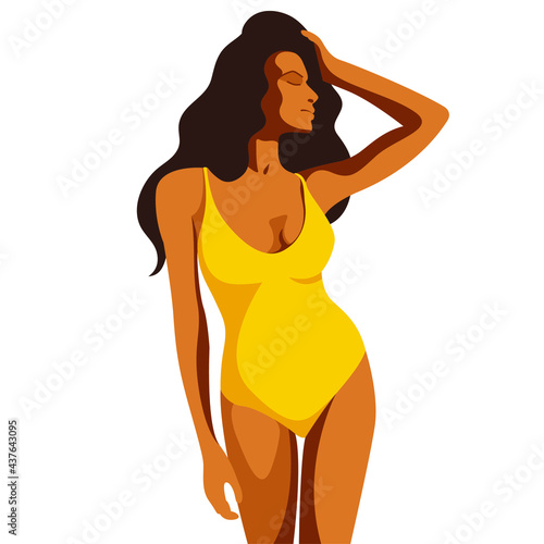 vector trendy illustration on the theme of summer holidays. beautiful young tanned girl in a yellow swimsuit stands on the beach isolated on white background. can be used to advertise summer vacations