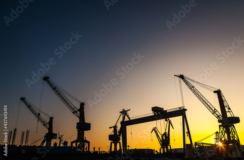 Silhouettes of harbor cranes at sunset. Shipyard at sunset.