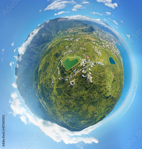 Little planet panorama of spring mountain forest, and magabi lake in form of herat