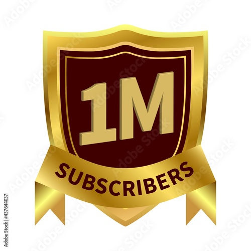 1 million subscriber celebration badges with golden color ribbon and golden royale shield on white background, Dark and golden color shade with ribbon, 1 million subscribers special golden badge.