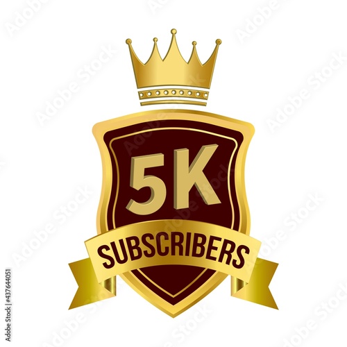 Royal 5k subscriber celebration badge with golden color ribbon and king crown on white background, Dark and golden color shade with king crown ribbon, 5k subscriber special golden badge.