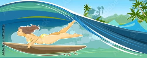 The girl dives into the wave with a surfboard. Flat style. Sea water. Against the backdrop of a tropical landscape with palm trees and mountains and sky. Vector.