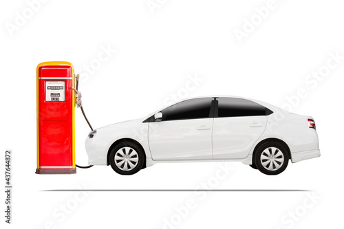 Red gas tank wiht white dedan car isolated on white background photo