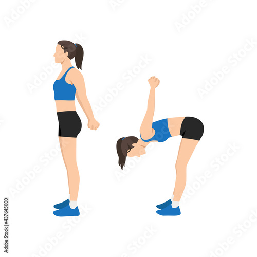 Woman doing Chest opener with forward bend stretch exercise. Flat vector illustration isolated on white background