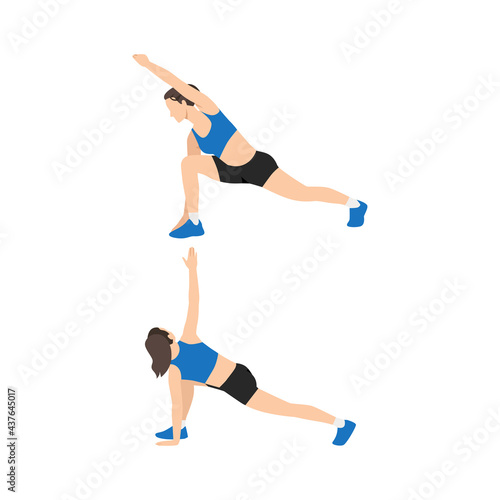 Woman doing Lunge with reach and twist stretch exercise. Flat vector illustration isolated on white background