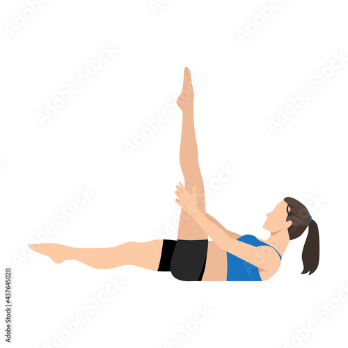 Woman doing Single straight leg stretch pilates exercise. Flat vector illustration isolated on white background