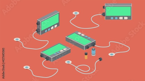 Isometric vector illustration of insulin pump, reservoire and catheter.