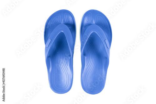 Beach rubber slippers isolated on white background. Flip flops isolated. Beach swimming shoes background.