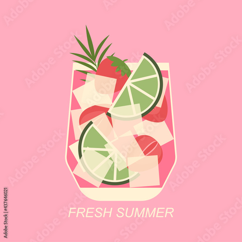 Summer cocktail in short glass with strawberry, lime and ice cubes. Refreshing tropical beverage. Bar summer menu. Colorful vector illustration of summer soft or alcoholic drink