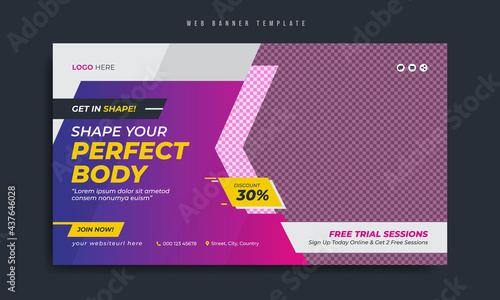 Gym and fitness center business promotion web banner template design. Social media marketing cover or flyer with logo and icon. Sport, exercise, workout, yoga and health video thumbnail background. 