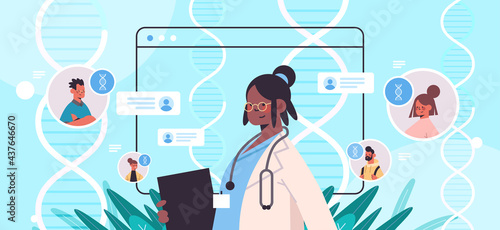 african american doctor consulting patients in web browser windows DNA testing genetic engineering diagnosis