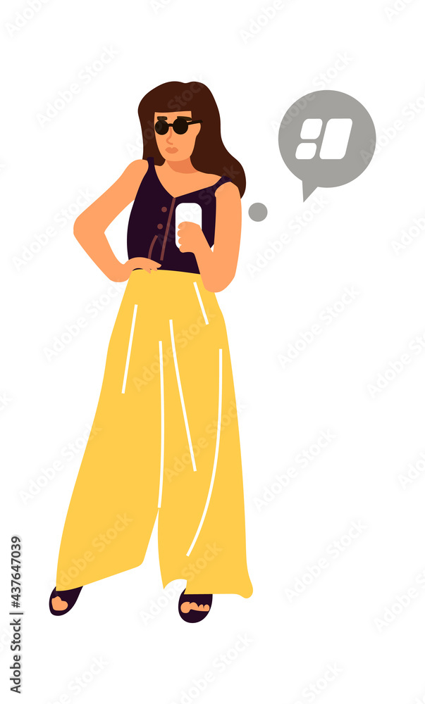 Woman with smartphone. Cartoon female standing and holding device. Trendy girl with phone. Cute person walking and online chatting. Vector character in casual clothing and speech bubble Woman with smartphone. Cartoon female standing and holding device. Trendy girl with phone. Cute person walking and online chatting. Vector character in casual clothing and speech bubble
