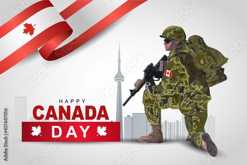 illustration of 1st of July background for Happy Canada day. a soldier with gun and flag. Vector illustration design.
