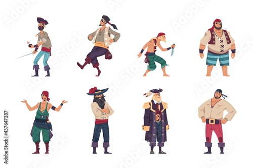 Pirate characters. Cartoon filibusters. Captain of sailboat and marine robbers. Sea criminals standing in different poses. Bearded men with bandanas and eye patches. Vector corsairs set