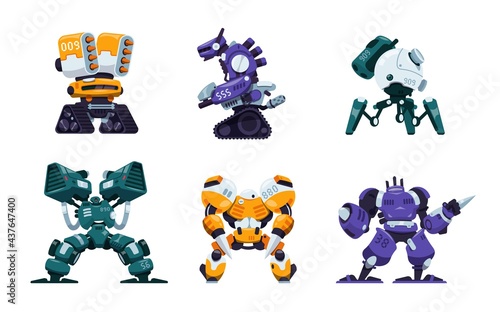 Battle robots. Cartoon war machines and futuristic soldier exoskeleton. Superhero armor and weapon innovation technologies. Isolated combat bots set. Vector military drones with guns