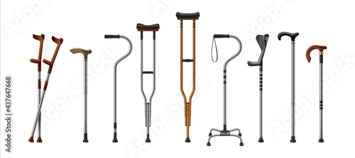 Realistic canes. 3D walking sticks and crutches. Medical supplies for old or injured persons. Equipment for recovery and rehabilitation after accident. Vector steel accessories set