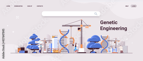 scientists working with construction cranes DNA researchers making experiments in lab genetic engineering