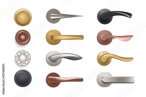 Door knob. Realistic handles. Bronze and golden furniture for doorways. Silver or black decorative elements. Objects for entry in room. Vector round door-handles or with lever arms