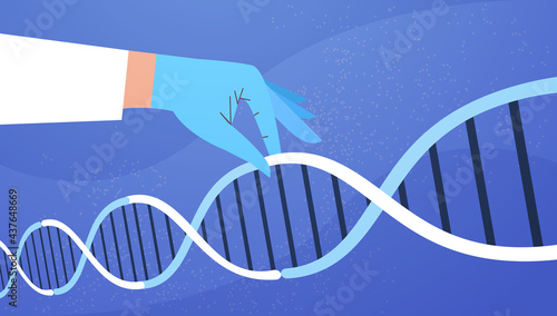 human hand holding genetic DNA helical molecule structure clinic medical treatment research and testing concept