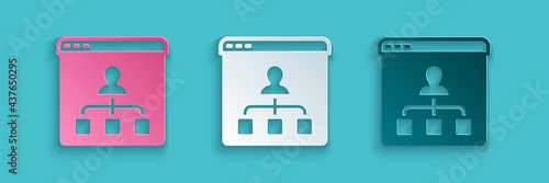 Paper cut Online education and graduation icon isolated on blue background. Online teacher on monitor. Webinar and video seminar learning. Paper art style. Vector