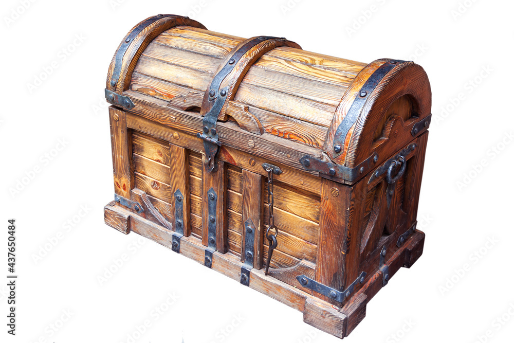An old wooden chest inhabited by iron. Treasure chest. Isolated. Stock  Photo