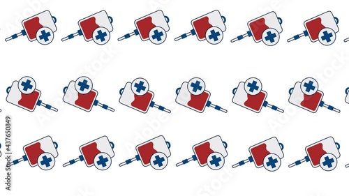 Blue and red IV bag icon isolated seamless pattern on white background. Blood bag icon. Donate blood concept. The concept of treatment and therapy, chemotherapy.