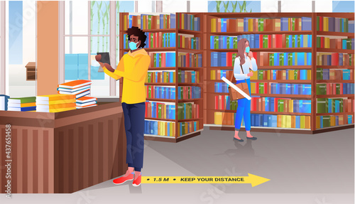 mix race people in masks choosing books in library or book shop coronavirus quarantine concept