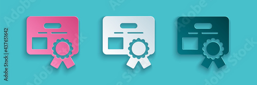 Paper cut Certificate template icon isolated on blue background. Achievement, award, degree, grant, diploma concepts. Paper art style. Vector