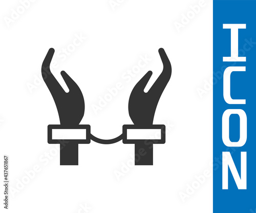 Grey Handcuffs on hands of criminal man icon isolated on white background. Arrested man in handcuffs. A crime, arrest, business and corruption concept. Vector