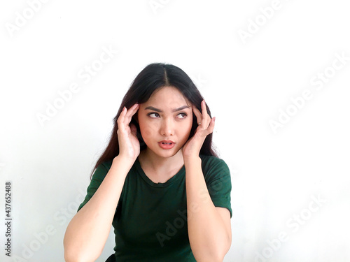 Asian beautiful woman stressful and headache and feeling sick.