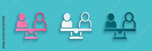 Paper cut Gender equality icon isolated on blue background. Equal pay and opportunity business concept. Paper art style. Vector