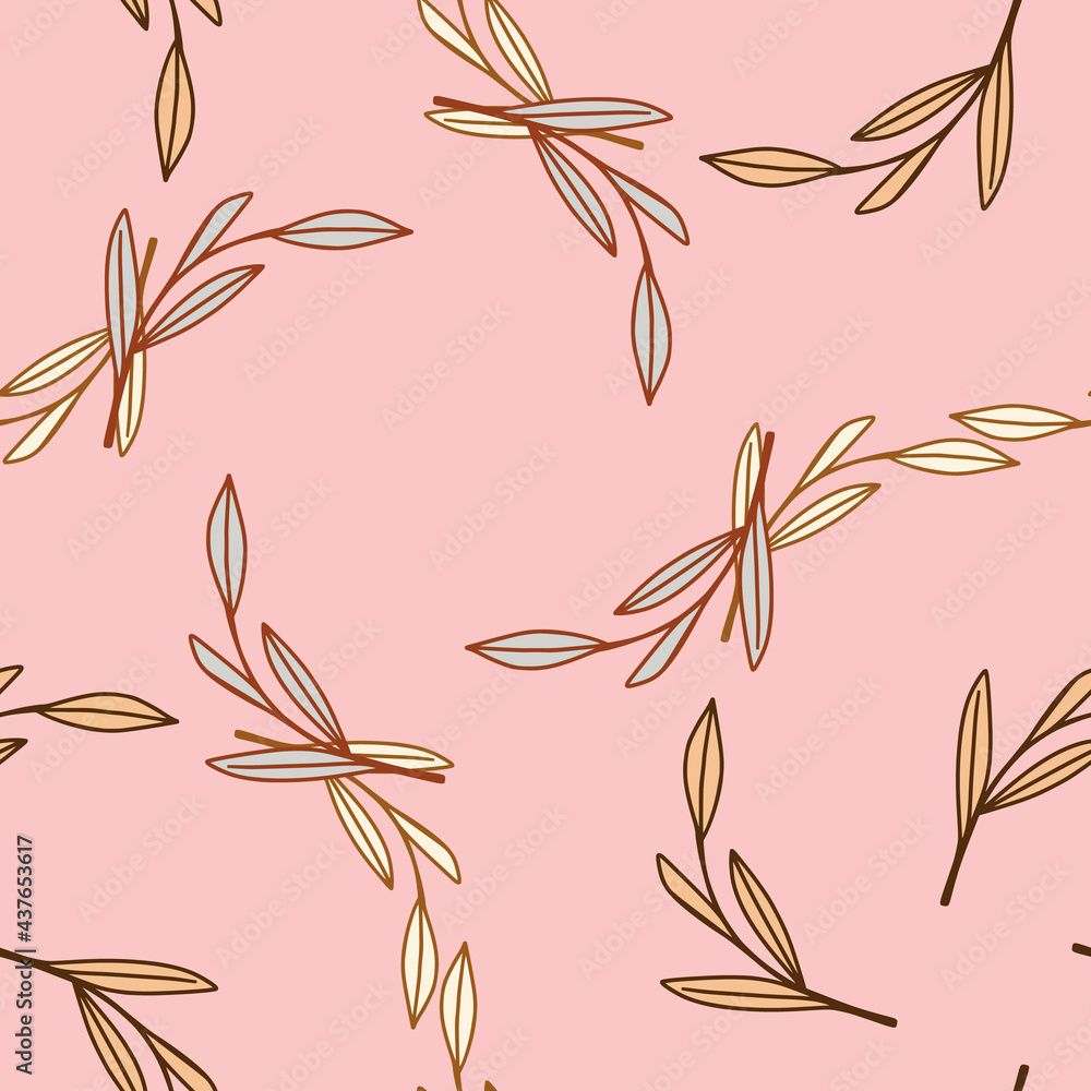 Summer bright seamless patetrn with outline random leaf branches print. Pastel pink background. Summer bright seamless patetrn with outline random leaf branches print. Pastel pink background.