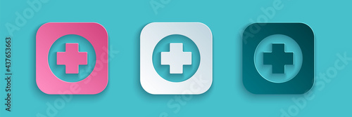 Paper cut Hospital signboard icon isolated on blue background. Paper art style. Vector