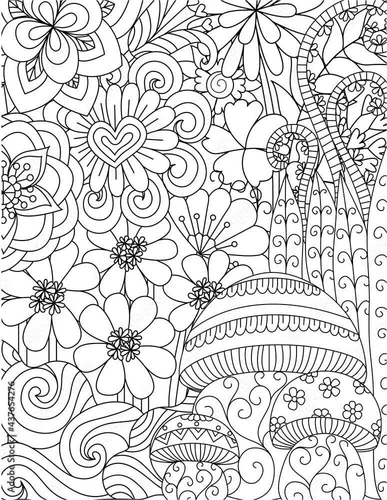 Abstract flowers for background, coloring book, coloring page with the size 8.5x11. Vector illustration.